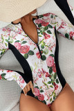 Zipper Tropical Print Splicing Long Sleeves Swimsuit