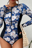 Zipper Tropical Print Splicing Long Sleeves Swimsuit