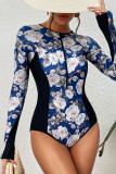 Zipper Tropical Print Splicing Long Sleeves Swimsuit