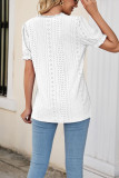 V Neck Lace Edge Eyelet Pattern Puff Top