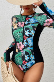 Zipper Tropical Print Splicing Long Sleeves Swimsuit