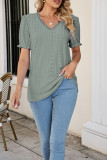 V Neck Lace Edge Eyelet Pattern Puff Top