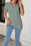 V Neck Lace Edge Eyelet Pattern Puff Top