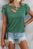 Green V Neck Strappy Petal Sleeves Top