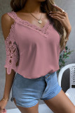 Plain V Neck Embroidery Lace Cold Shoulder Top