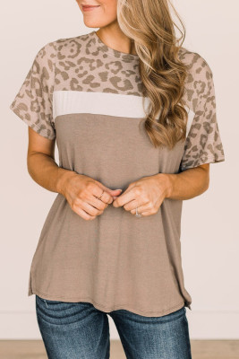 Khaki Leopard Yoke Color Block T Shirt