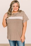 Khaki Leopard Yoke Color Block Plus Size Top