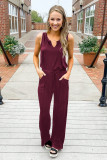 Wine Red Split Neck Drawstring Waist Sleeveless Jumpsuit