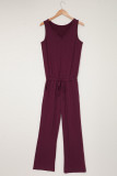Wine Red Split Neck Drawstring Waist Sleeveless Jumpsuit