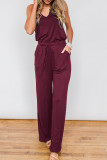 Wine Red Split Neck Drawstring Waist Sleeveless Jumpsuit