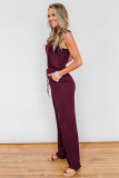 Wine Red Split Neck Drawstring Waist Sleeveless Jumpsuit