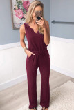 Wine Red Split Neck Drawstring Waist Sleeveless Jumpsuit