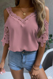 Plain V Neck Embroidery Lace Cold Shoulder Top