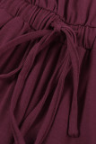 Wine Red Split Neck Drawstring Waist Sleeveless Jumpsuit