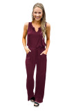 Wine Red Split Neck Drawstring Waist Sleeveless Jumpsuit