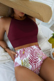 Red Solid Strappy Halter Bikini Printed High Waist Swimsuit