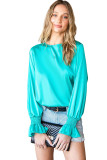 Green Satin Puff Sleeves Blouse