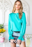Green Satin Puff Sleeves Blouse
