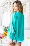 Green Satin Puff Sleeves Blouse