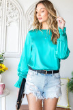 Green Satin Puff Sleeves Blouse