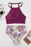 Red Solid Strappy Halter Bikini Printed High Waist Swimsuit