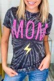 Gray MOM Lightening Graphic Tie-dye Print T-shirt