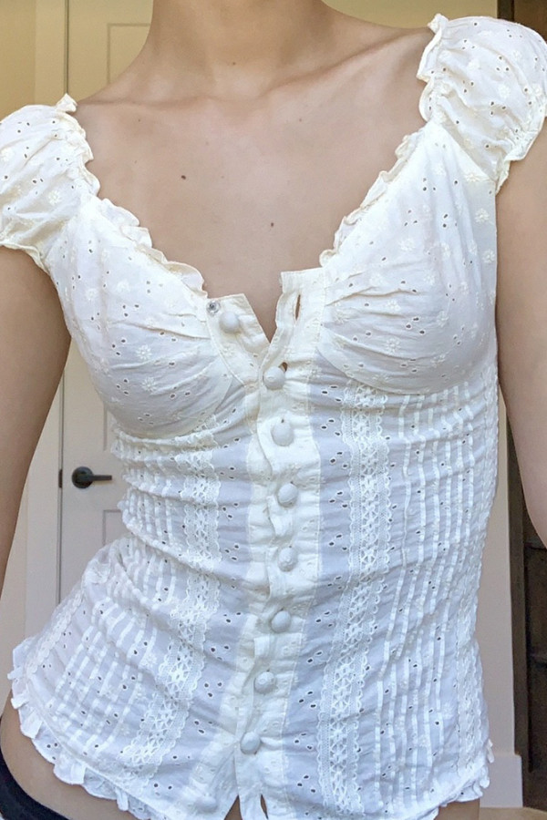 Eyelet Lace Ruffles Open Button Blouse