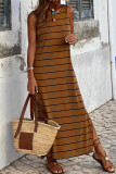 Brown Stripe Print Open Back Sleeveless Maxi Dress with Slits