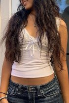 White V Neck Lace Bust Back Hem Drawstring Tank Top