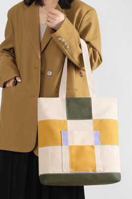 Color Block Pocket Zipper Closure Tote Bag
