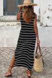 Black Stripe Print Open Back Sleeveless Maxi Dress with Slits