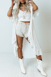 White Loose Half Sleeve Cinched Waist Ruffled Duster Kimono