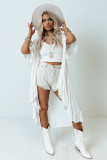 White Loose Half Sleeve Cinched Waist Ruffled Duster Kimono