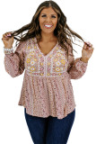 Red Floral Embroidered Plus Size Babydoll Blouse