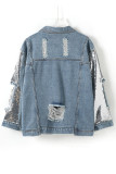 Blue Ripped Splicing Sequin Denim Jacket