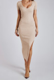 Plain V Neck Split Rib Midi Dress