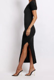 Plain V Neck Split Rib Midi Dress