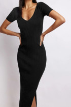 Plain V Neck Split Rib Midi Dress
