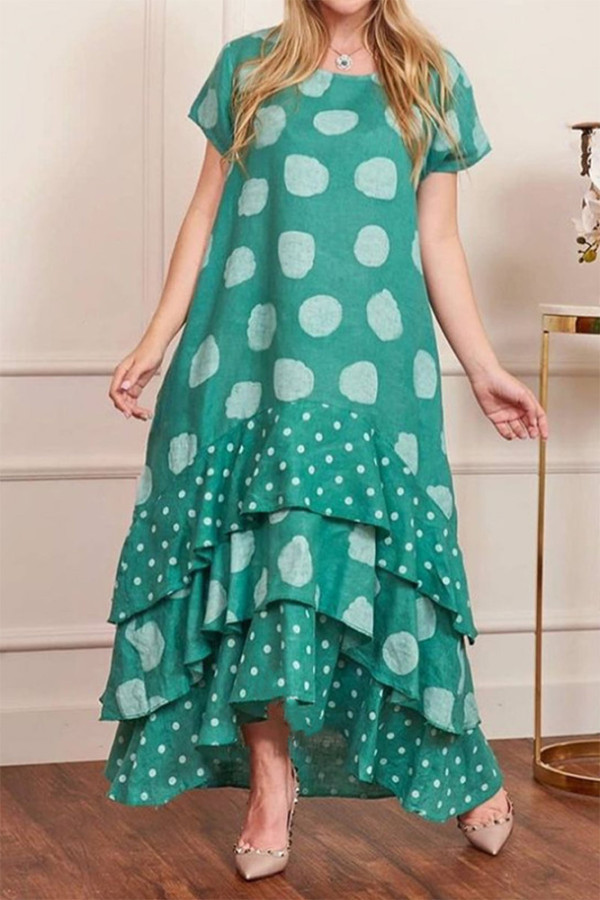 Spot Print Irregular Length Ruffles Hem T Shirt Dress