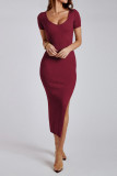 Plain V Neck Split Rib Midi Dress