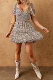 Leopard Print Shirred Ruffled V Neck Mini Dress