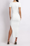 Plain V Neck Split Rib Midi Dress