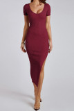 Plain V Neck Split Rib Midi Dress