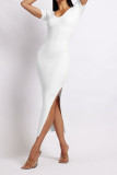 Plain V Neck Split Rib Midi Dress