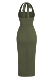 Halter Backless Ruched High Split Midi Dress