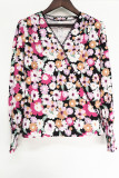 V Neck Lace Edge Puffy Floral Blouse