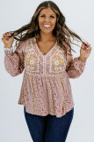 Red Floral Embroidered Plus Size Babydoll Blouse