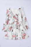Ruffled V Neck Long Sleeve Floral Dress