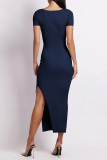 Plain V Neck Split Rib Midi Dress