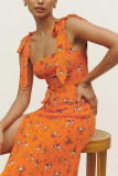 Tie Strap Floral Printed Side Split Cami Dress